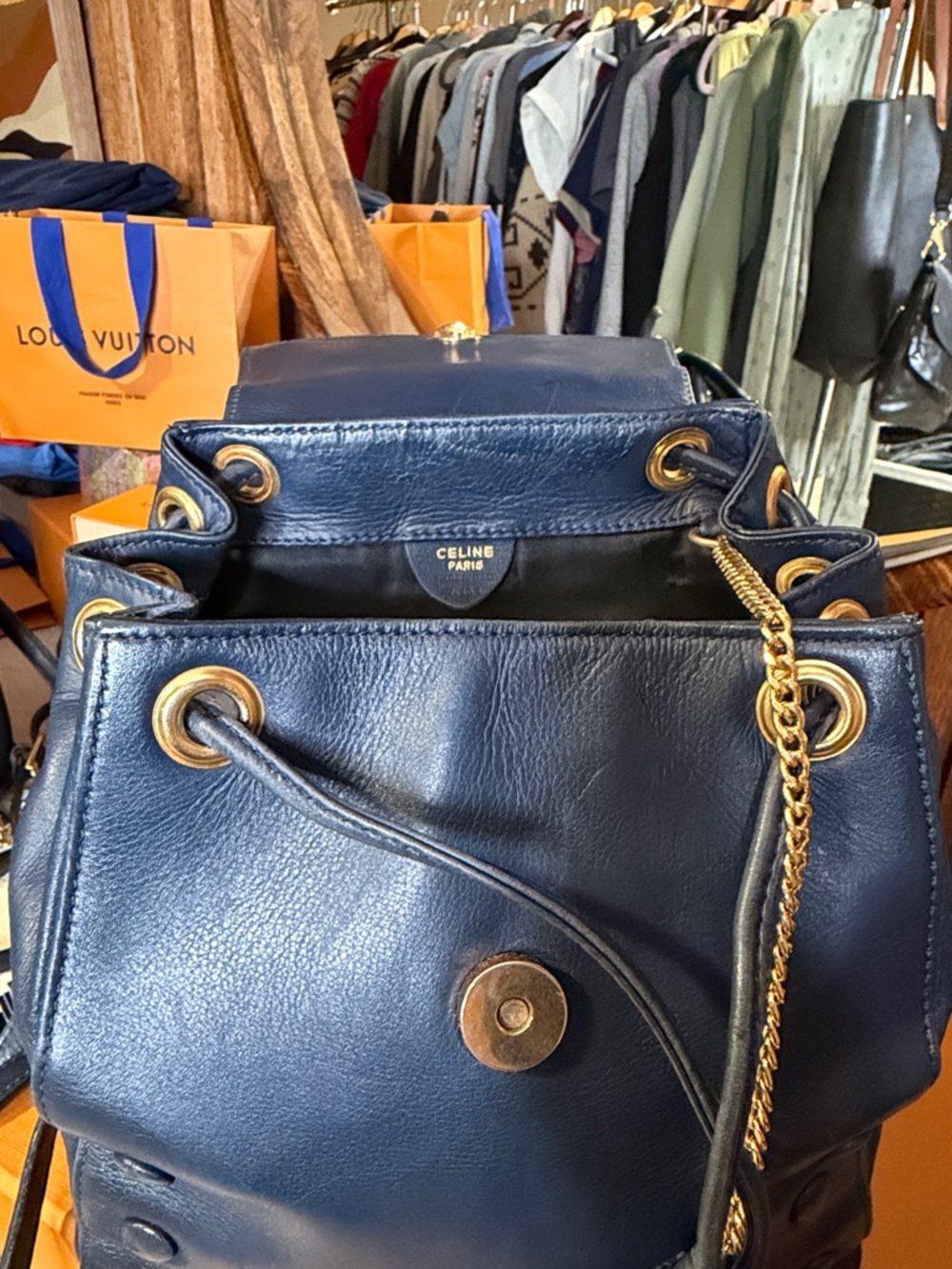 Celine Navy Blue Leather Drawstring Backpack - Picture 8 of 9